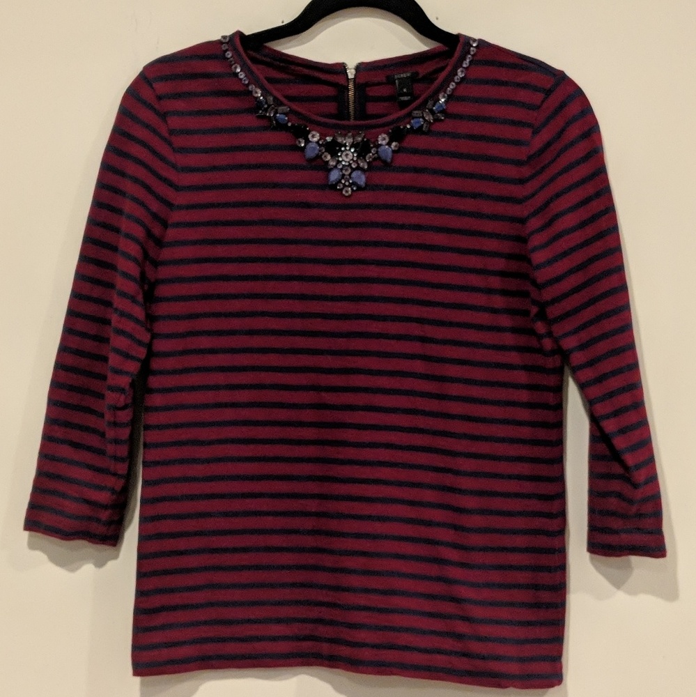 J Crew•Embellished Bling Neck Striped Top sz S